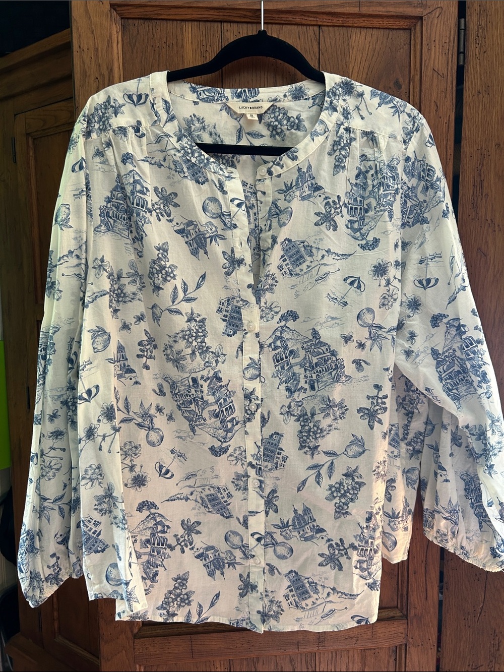 Lucky Brand White Button-Down Shirt with Blue Scenic Print